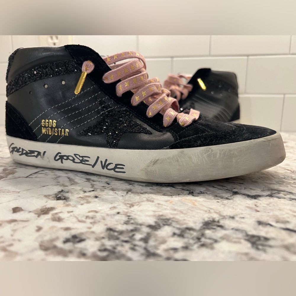 Golden Goose Mid Star Black with Pink and Gold upgraded laces